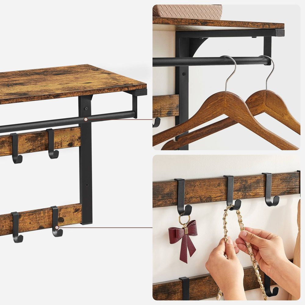 Vasagle Wandgarderobe – 10 Haken, mit Ablage, Stahl/Spanplatte, Braun/Schwarz, 65 × 30 × 42 cm