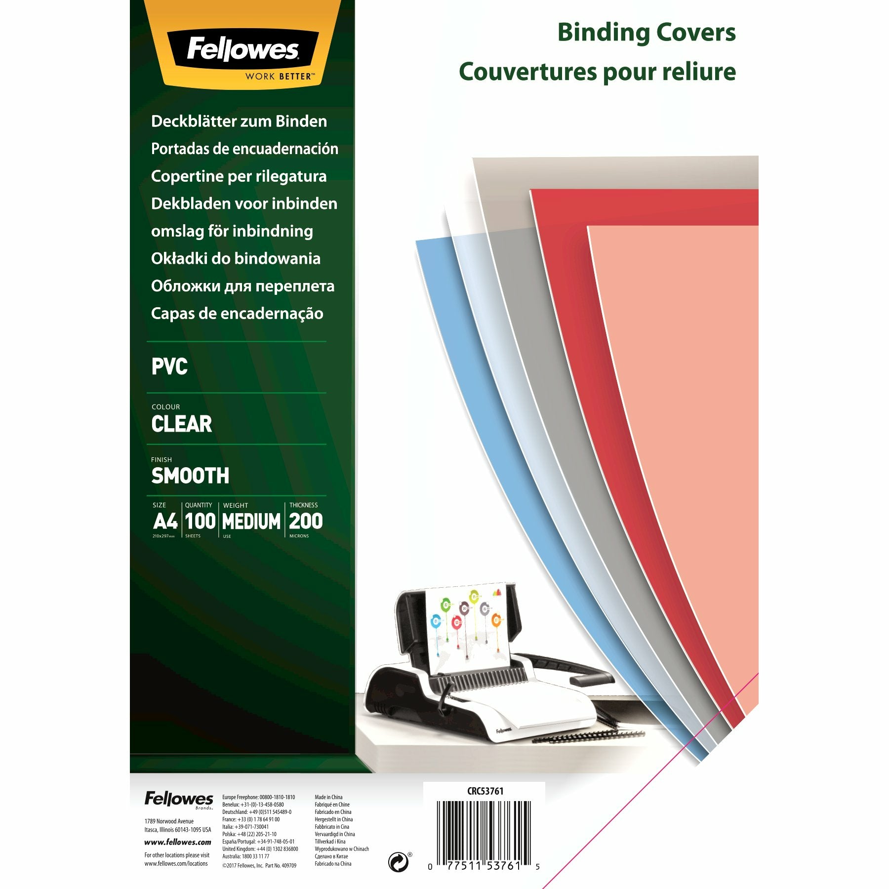Fellowes Deckblatt A4, PVC, 0,2 mm, transparent, 100 Stück