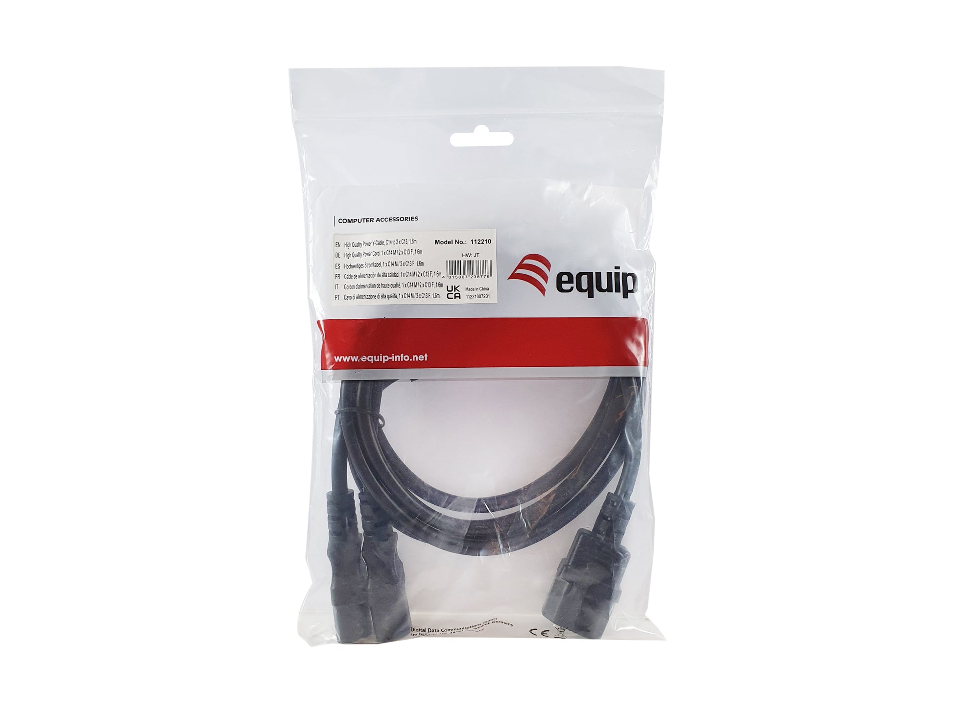 Equip Netzkabel, IEC C14 auf IEC C13, Y-Kabel, 230 V, 1,6 m, Schwarz