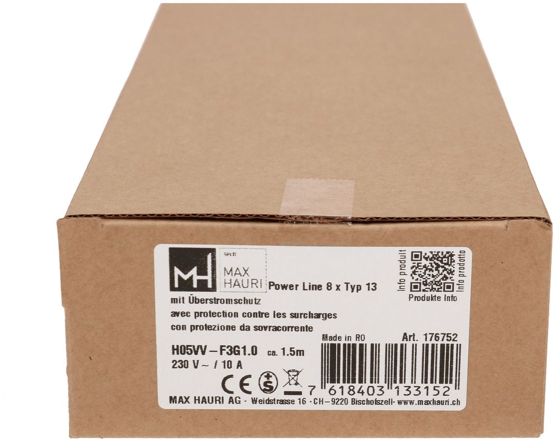 Max Hauri AG Max Hauri Power Line Steckdosenleiste – 8×T13, ohne Schalter, 1,5 m, Eingang T12, Überlastschutz – grau/schwarz