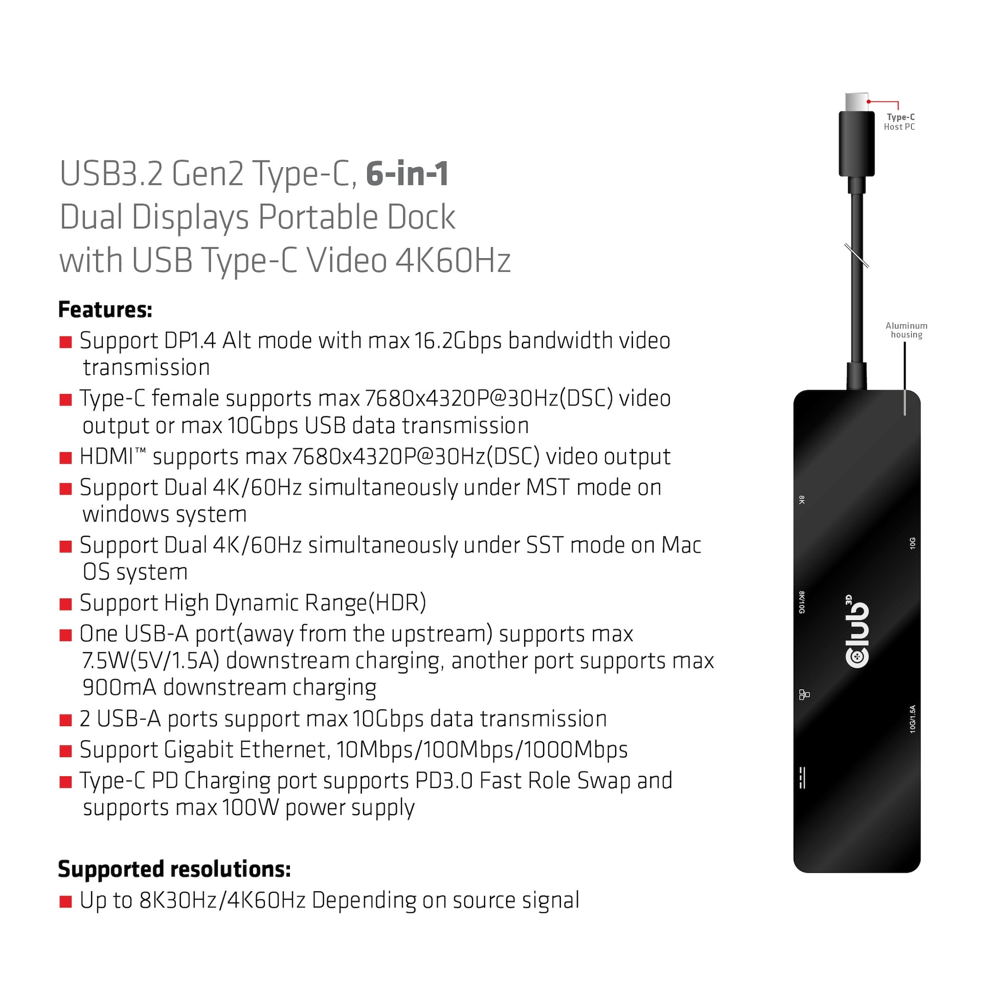 CLUB3D Club 3D Dockingstation – USB-C, 1× DP, 1× HDMI, 2× USB-A, 100 W PD, GbE, für Universal