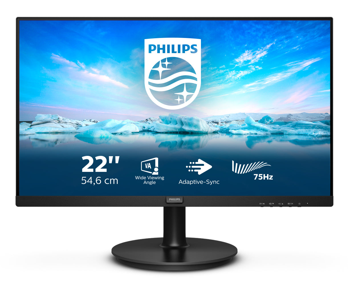 Philips 222V8LA/00 – Monitor, 21,5" 1920 × 1080 (Full HD), VA, 75 Hz, 250 cd/m², VESA 100 × 100, Schwarz