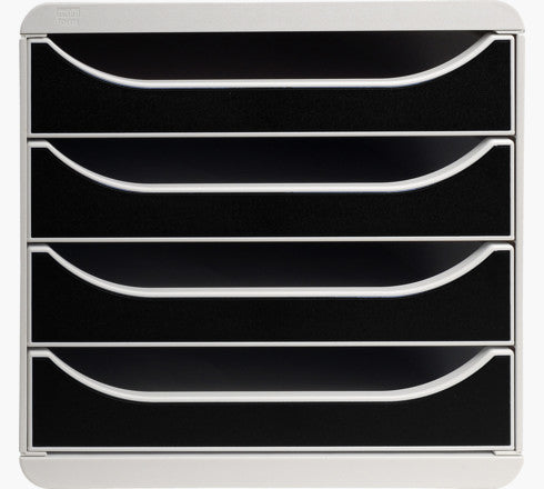 Exacompta Big-Box Schubladenelement – 4 Schubladen, für A4+, mit Auszugstop, grau/schwarz, Polystyrol (PS)