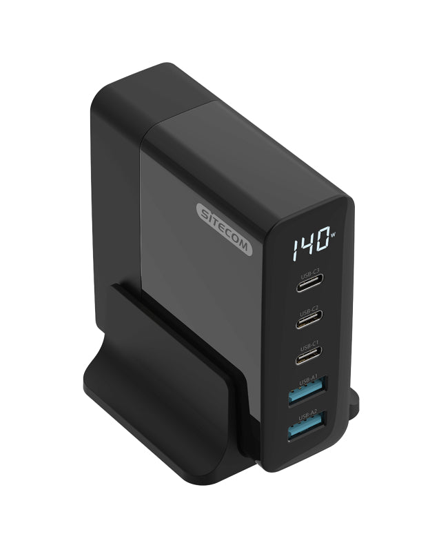 Sitecom CH-1004 USB-Desktop-Ladegerät 140 W – USB-C×3, USB-A×2 – PD, GaN, LED-Anzeige, EU-Stecker (Typ C)