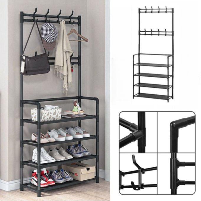Relaxdays Garderobenständer – 8 Haken, mit Ablage, Stahl, Schwarz, 60 × 26 × 155 cm