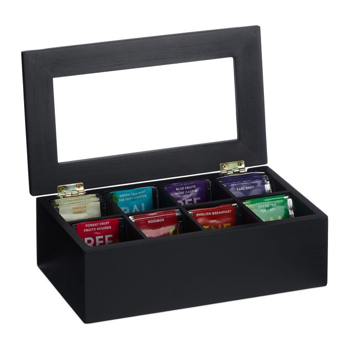 Relaxdays Teebeutelbox Bambus/Kunststoff, 8 Fächer, schwarz