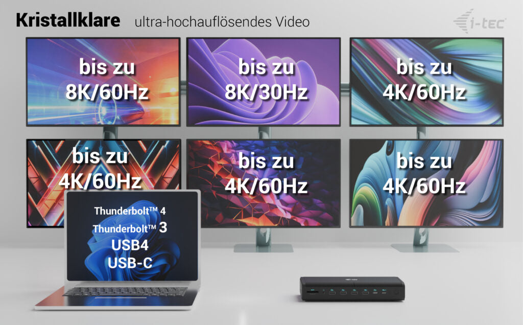 i-tec Universal 6x 4K Dockingstation – USB-C, 2× DP, 2× HDMI, 4× USB-A, 2× USB-C, 140 W PD, 2,5GbE