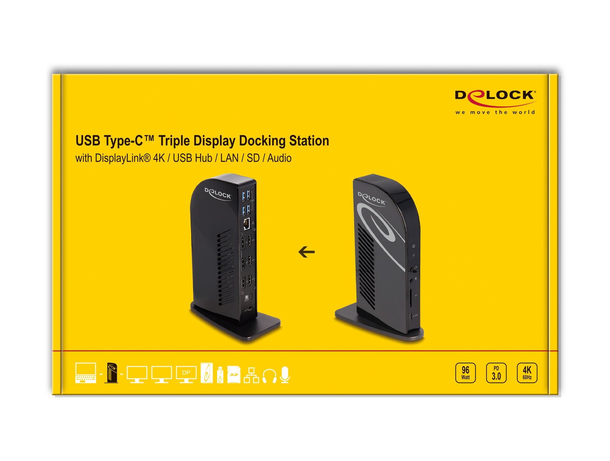 DeLOCK Dockingstation – USB-C, 3× DP, 3× HDMI, 4× USB-A, 96 W PD, GbE, SD, 3,5 mm Audio, für Windows/Mac