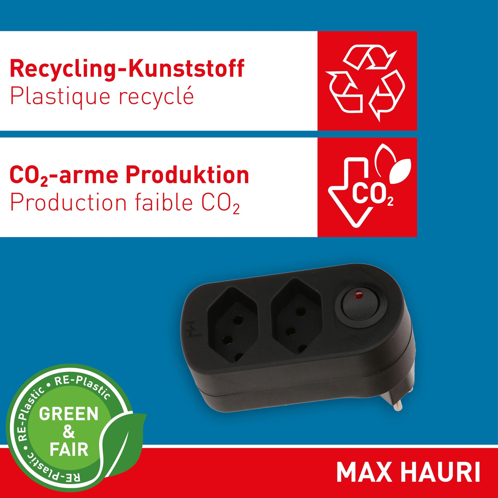 Max Hauri AG Max Hauri Steckdosenleiste, 2×T13, mit Schalter, 0,1 m Kabel, Eingang T12 (abgewinkelt) – schwarz