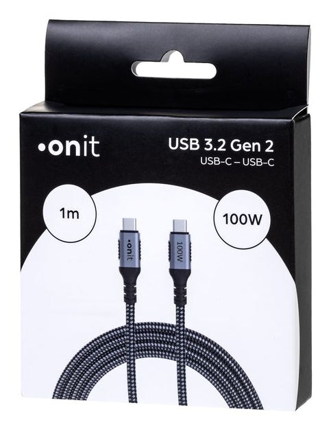 ONIT USB-C auf USB-C Kabel – USB 3.2 Gen 2 (10 Gbit/s) – 1 m – PD 100 W – Textilmantel – Schwarz/Grau