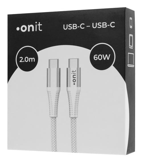 ONIT USB-C auf USB-C Kabel – USB 3.2 Gen 1 (5 Gbit/s) – 2 m – PD 60 W – Textilmantel – Weiss
