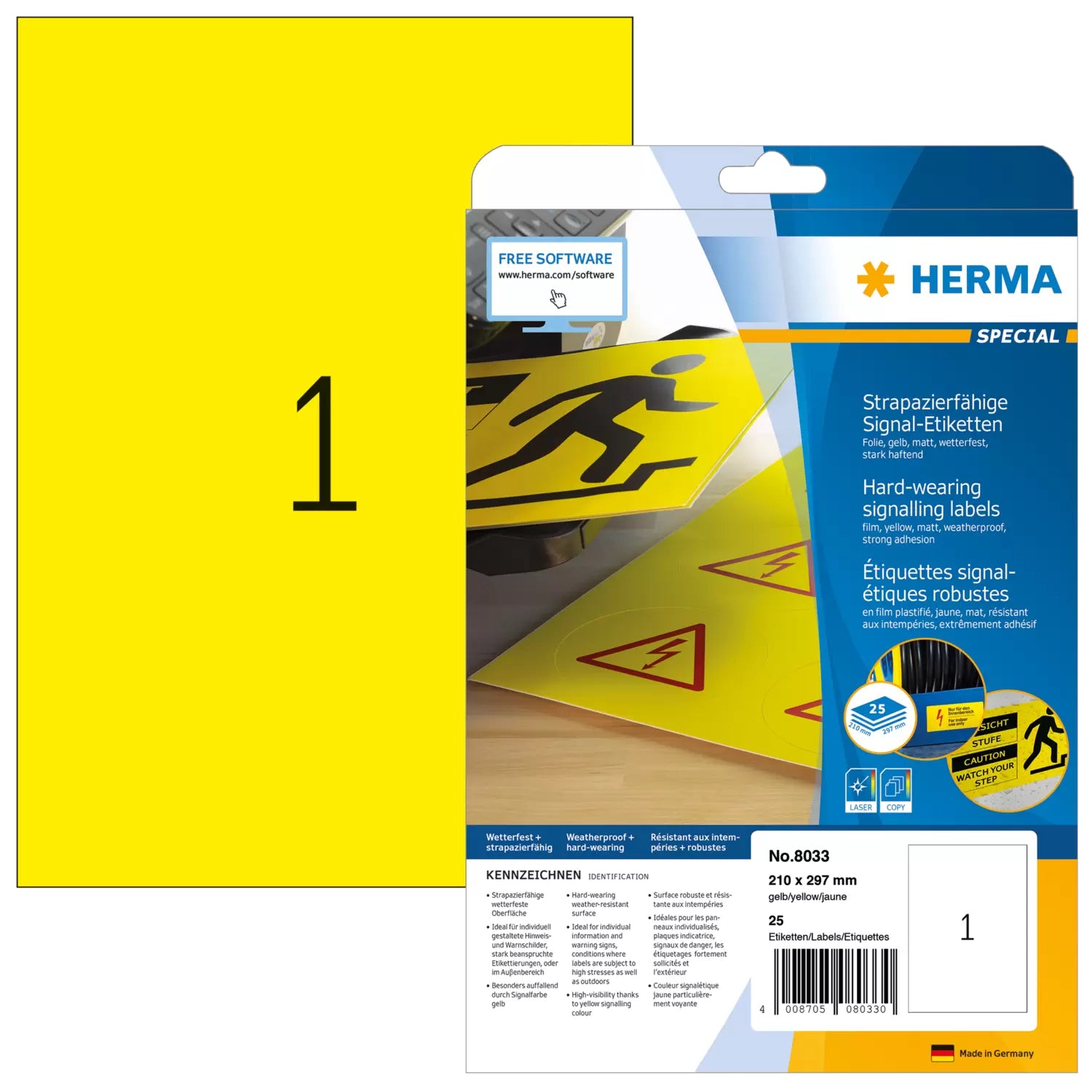 HERMA Druckeretiketten, 210 mm × 297 mm, gelb, Folie, extra stark, 25 Blatt