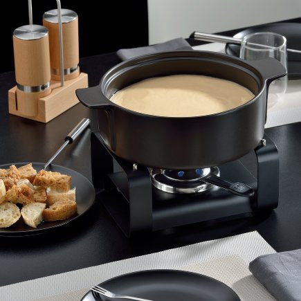 Kela Fondue-Set Roman – Ø 22,5 cm, Steingut, für Käsefondue, Gas, Schwarz, 6 Personen, 9 Teile
