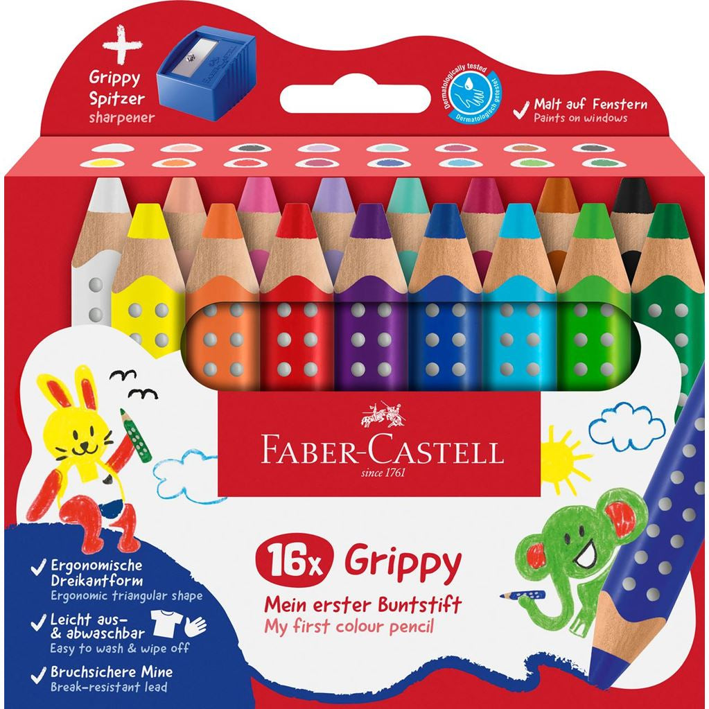 Faber-Castell 3-in-1 Farbstifte Grippy – 16 Farben, im Kartonetui, mit Spitzer, Ø 3 mm, dreikantig