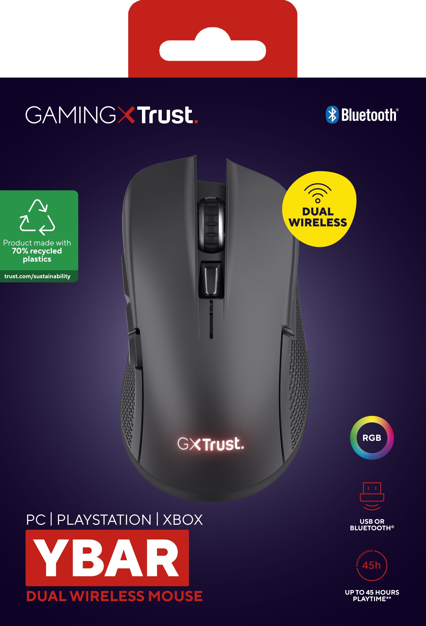 Trust GXT931 Ybar Gaming-Maus – Kabellos, Bluetooth, USB-C, 7'200 dpi, 4 Tasten, Rechtshänder, Schwarz