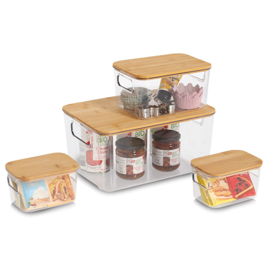 Zeller Present Aufbewahrungsbox (mit Deckel) – Kunststoff/Bambus – transparent/braun – 4-teiliges Set