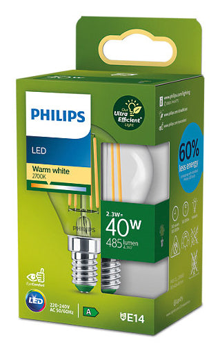 Philips LED-Leuchtmittel E14 A60 – Warmweiss 2700 K, 485 lm, 2,3 W – 1 Stk., klar