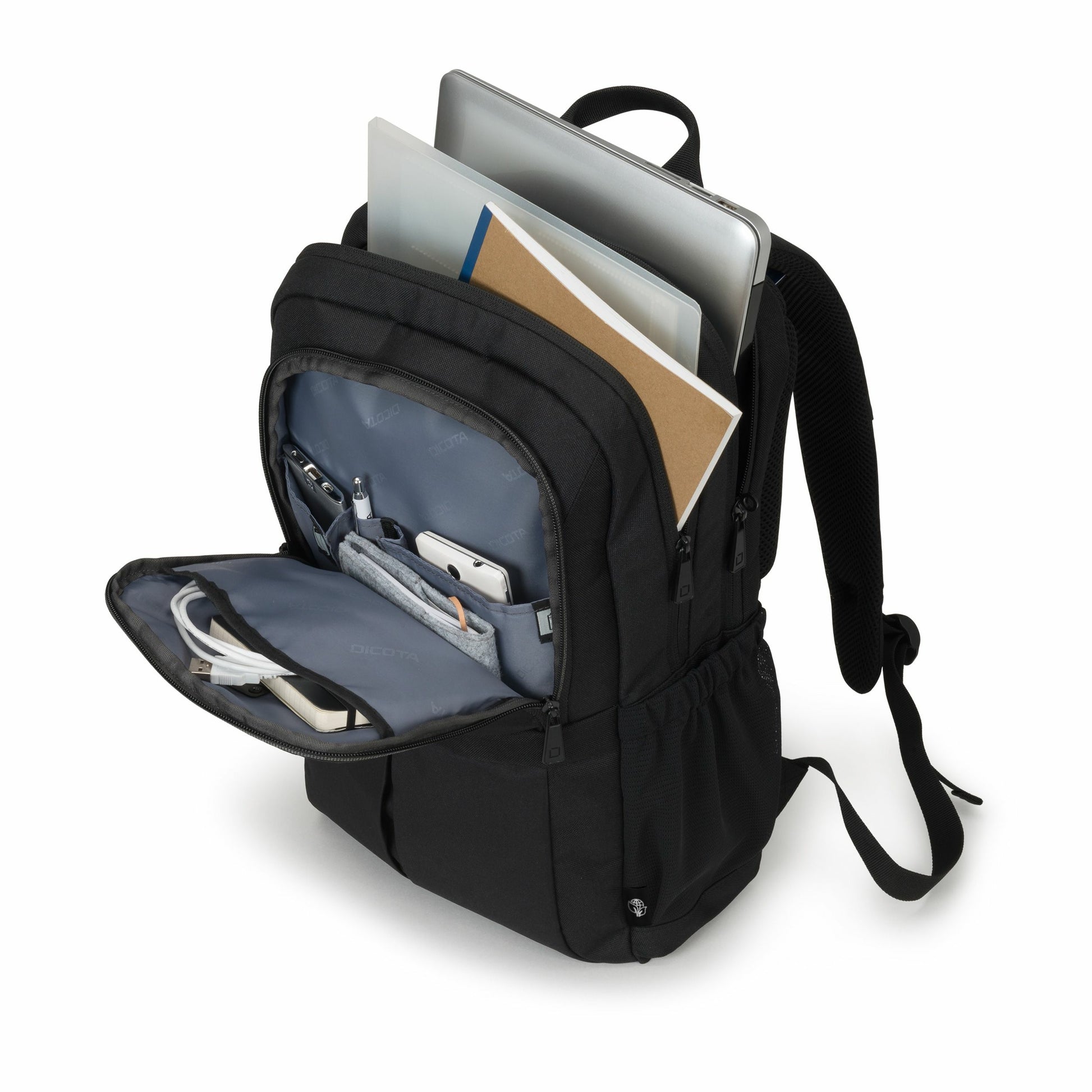 DICOTA Eco SCALE Notebook-Rucksack bis 17,3" – 100% recycelter PET, Trolley-Haltegurt – Schwarz