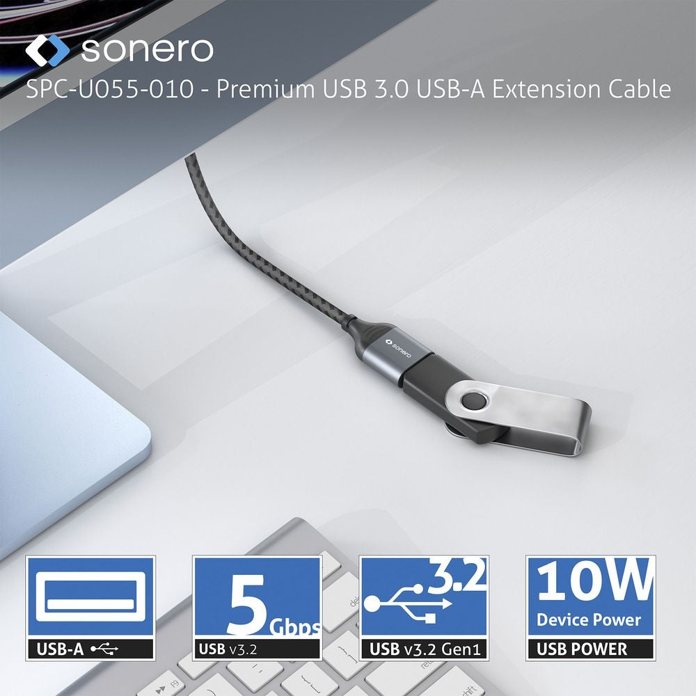 Sonero – USB-A Verlängerungskabel (Stecker auf Buchse) – USB 3.2 Gen 1 (5 Gbit/s) – 0,5 m – Geflochten