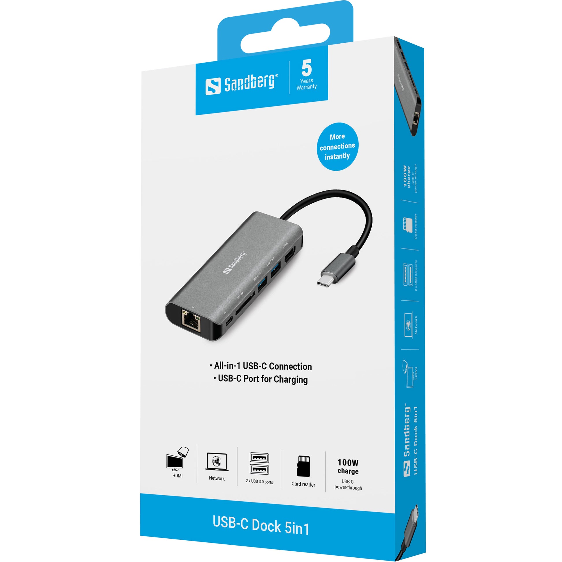 Sandberg Dockingstation – USB-C, HDMI, 2× USB-A, 1× USB-C, SD/microSD, für Windows/Mac