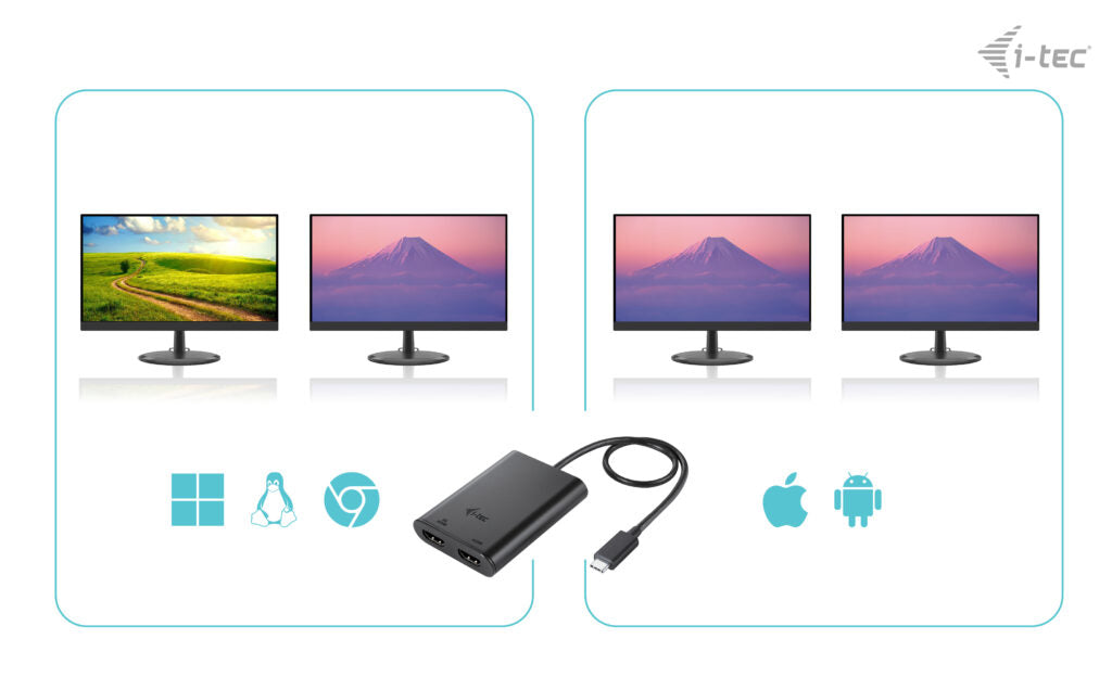 i-tec USB-C zu 2× HDMI Adapter – 8K (7680 × 4320) @ 30 Hz, 0,3 m, für Windows/macOS/Linux, Android/ChromeOS