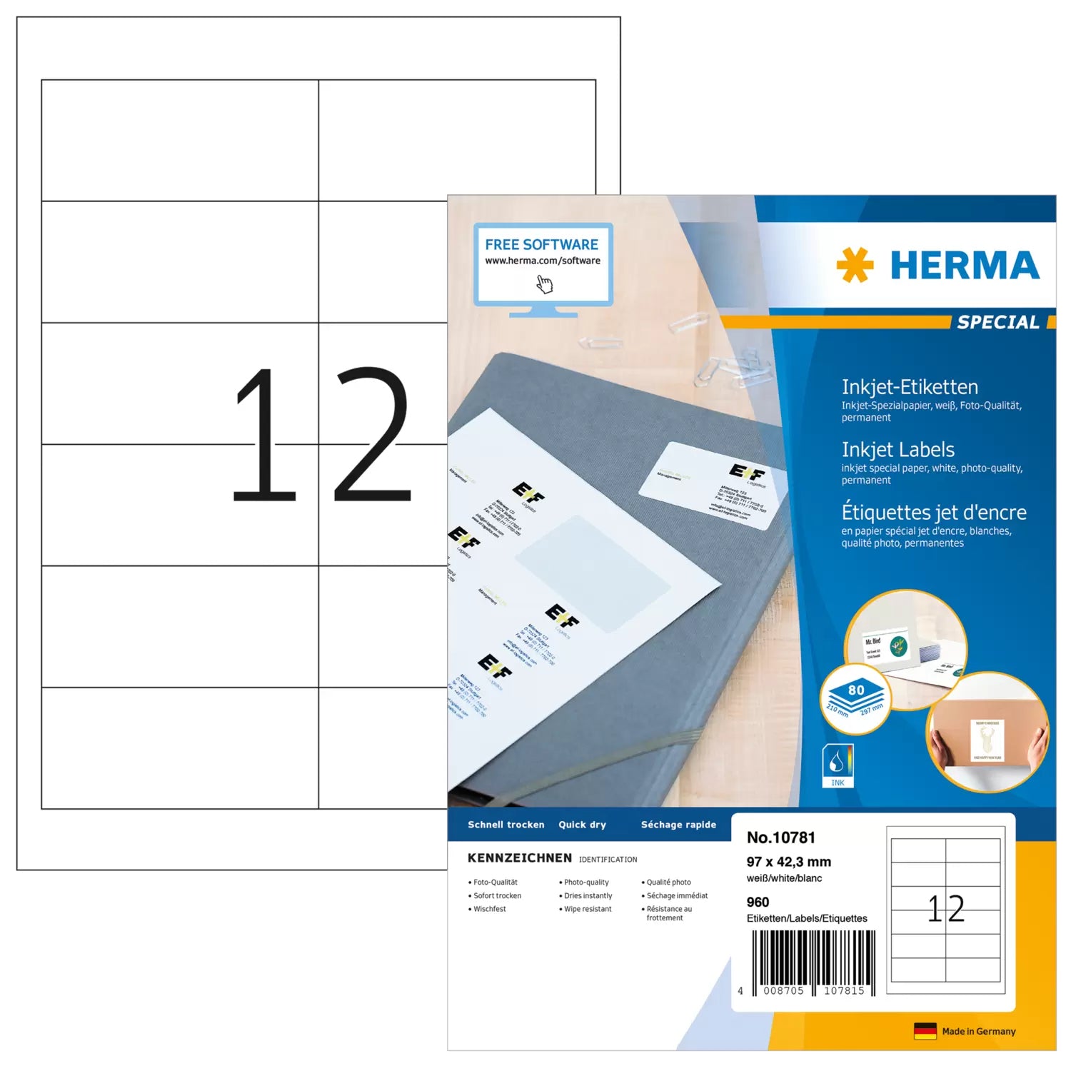 HERMA Inkjet-Etiketten, 97 mm × 42 mm, weiss, gestrichenes Spezialpapier, selbstklebend, 960 Stk. (80 Blatt)