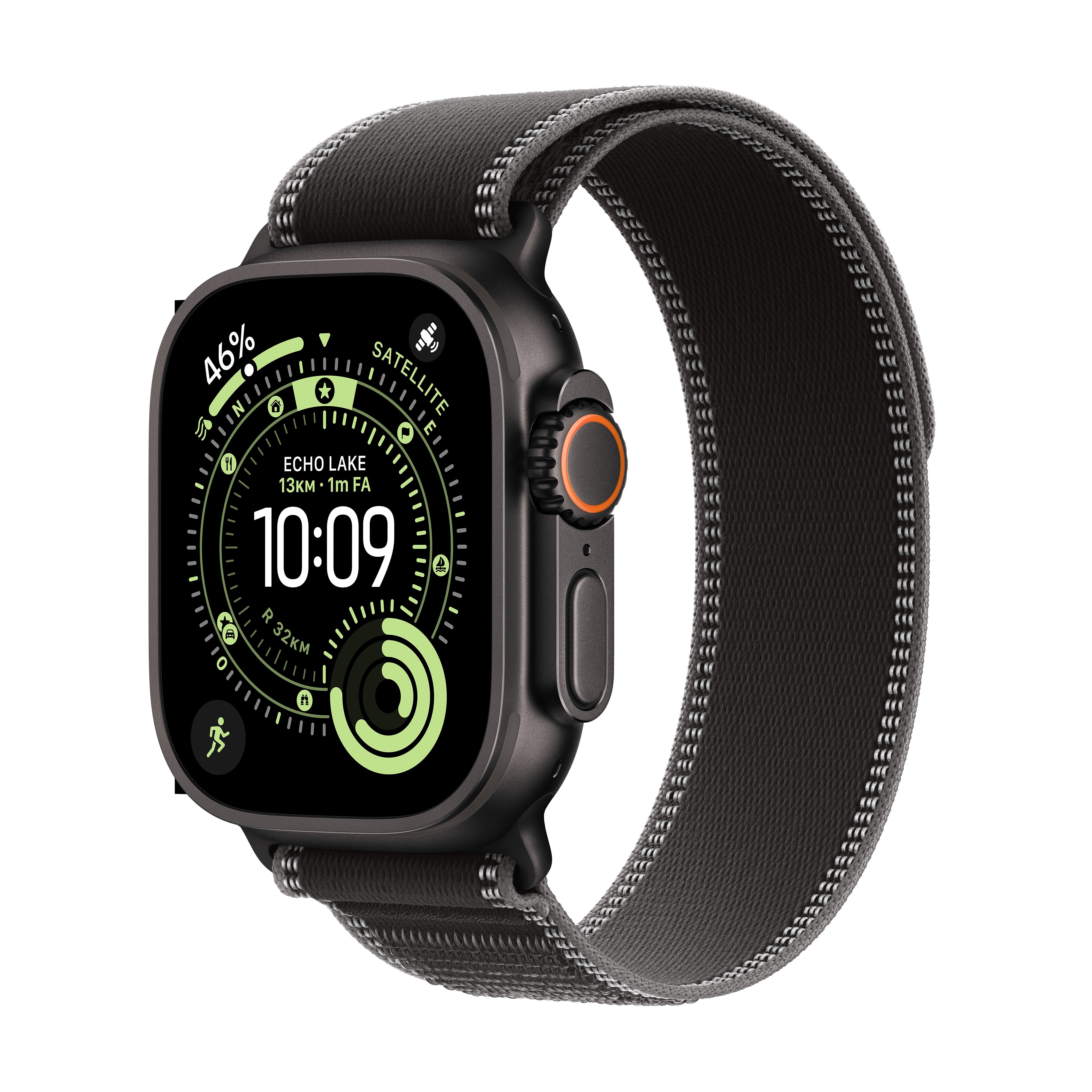 Apple Watch Ultra 3 49 mm GPS + Cellular – Titan Schwarz, Trail Loop, Schwarz/Anthrazit, S/M, 100 m, für iPhone
