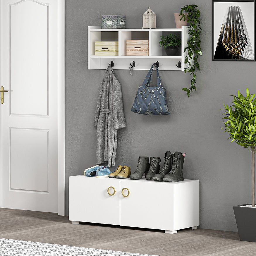 Woody Fashion Wandgarderobe – 4 Haken, Spanplatte, Weiss, 75,6 × 22 × 35 cm