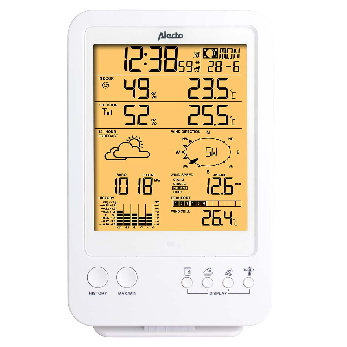 Alecto WS-4800 – Wetterstation, Funk 868 MHz, innen/außen, Hygrometer & Barometer, inkl. Aussensensor – weiss