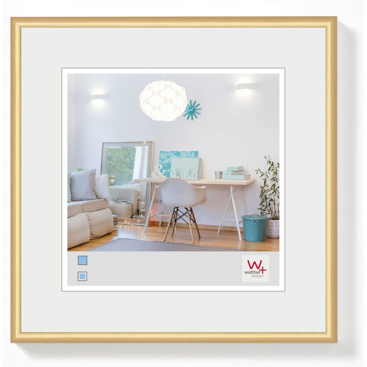Walther Design Wechselrahmen Kunststoff, gold, 20 × 20 cm, mit Aufsteller und Aufhänger – eco:plus
