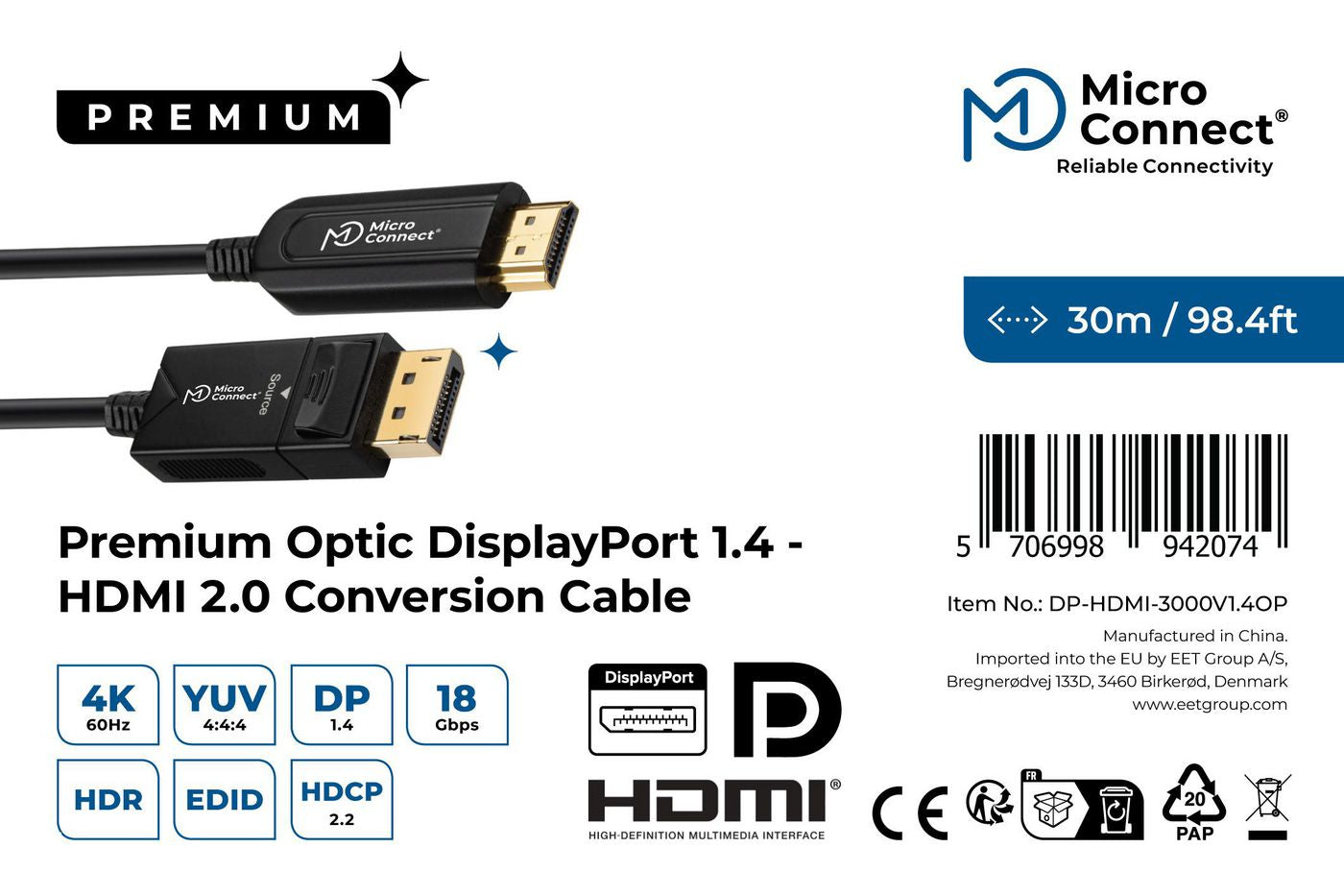 Microconnect DisplayPort auf HDMI Adapter, DP 1.4, HDMI 2.0, 4K@60 Hz, 18 Gbit/s, 30 m, EDID/HDCP 2.4