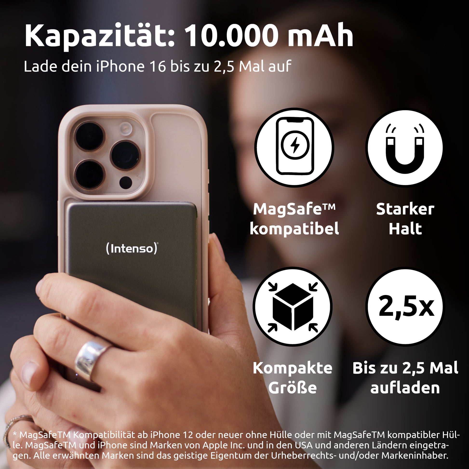 Intenso MagSafe Powerbank 10000 mAh, PD 20 W, mit LED-Anzeige, für iPhone (MagSafe), Grau