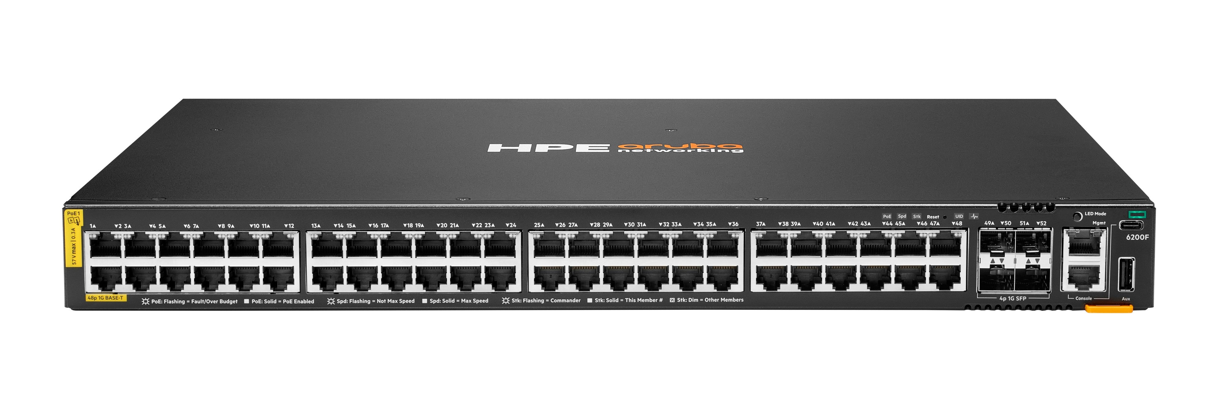 HPE Aruba Networking CX 6200F 48G Klasse-4 – Managed Switch – 48×GbE, 4×SFP+, L3, PoE+ 740 W, 1U