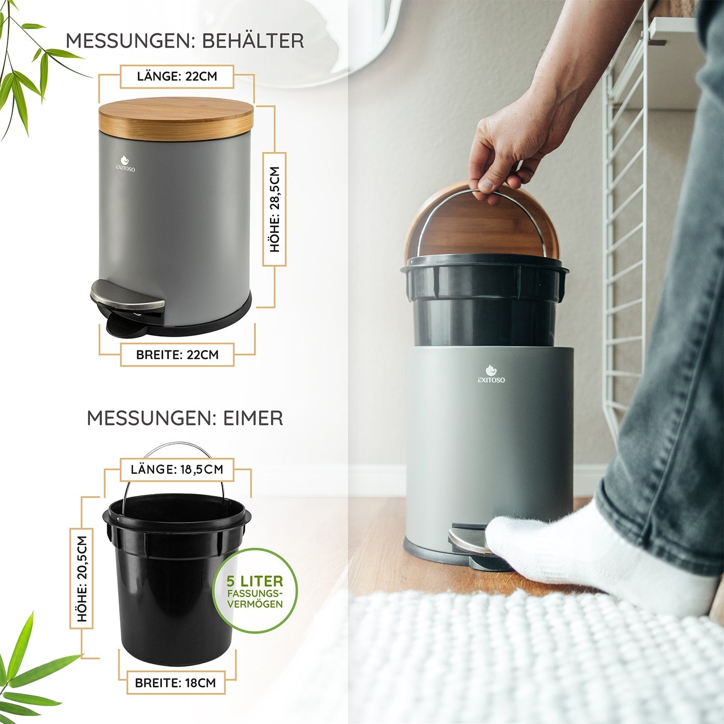 Exitoso Tisch-Abfallbehälter – 5 l – mit Deckel – Holz, Grau – Ø 220 × H 285 mm