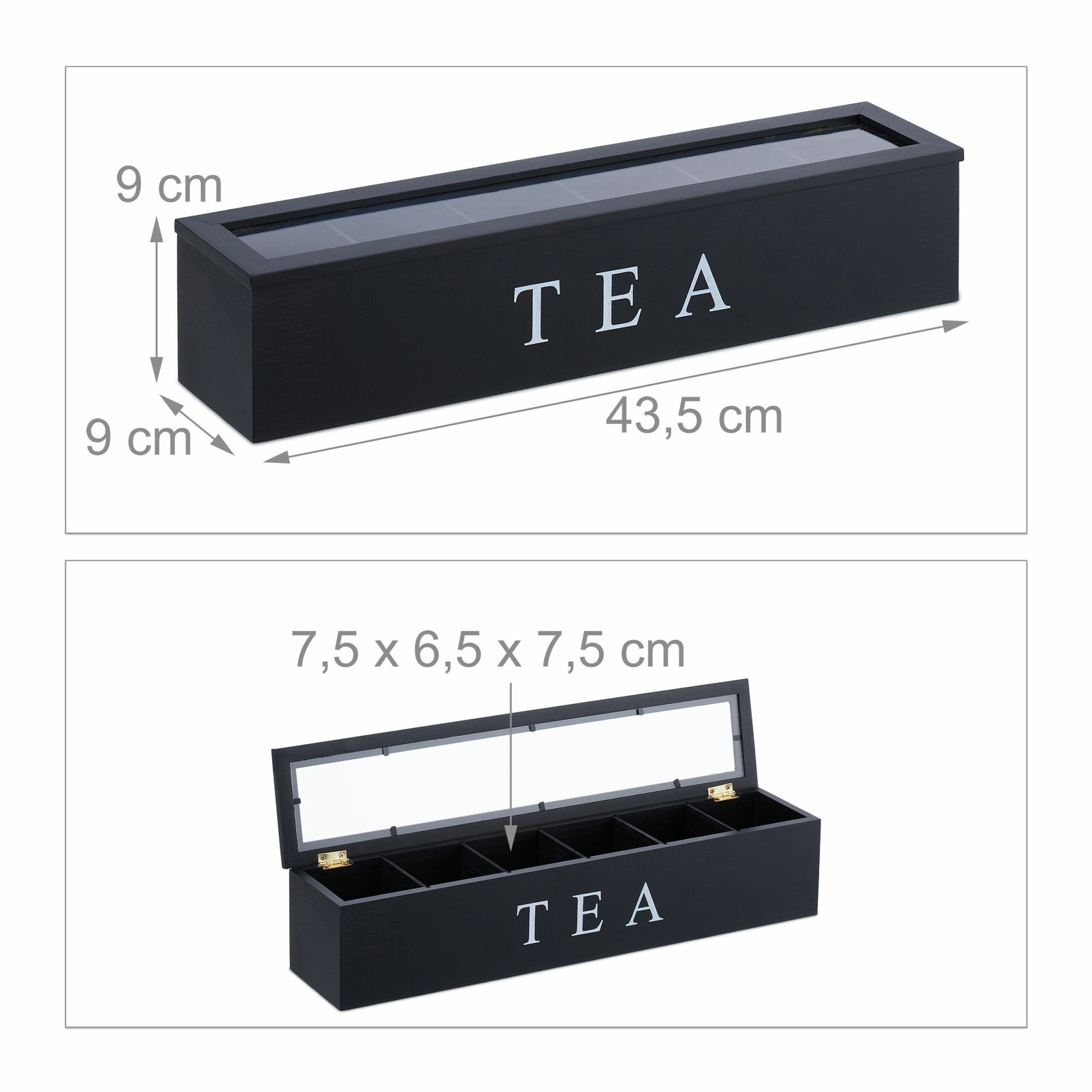 Relaxdays Teebeutelbox Bambus/Acryl, 6 Fächer, 43,5 × 9 × 9 cm, Schwarz/Transparent/Weiss