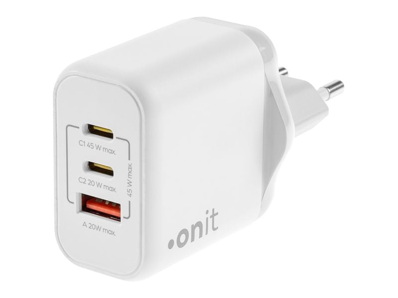 ONIT F02798 USB-Ladegerät 45 W – USB-C×2, USB-A×1 – PD 3.0, PPS, QC 3.0, GaN – EU-Stecker (Typ C), Weiss