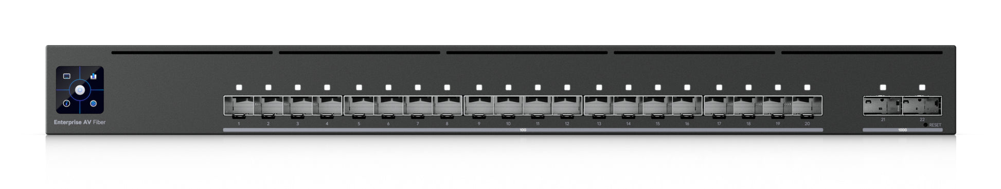 Ubiquiti Managed AV Switch, SDVoE/SMPTE ST 2110/AES67, 20× SFP+, 2× QSFP28, 800 Gbit/s, PTP, Schwarz