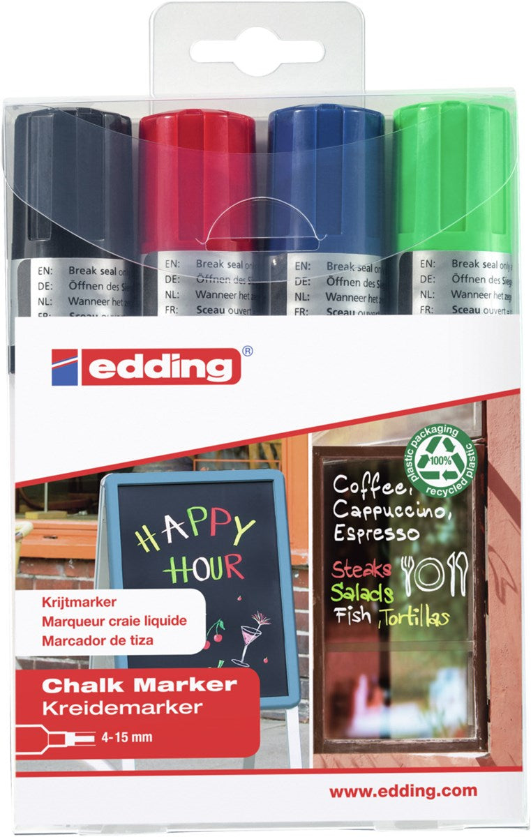 Edding Kreidemarker 4090 – Keilspitze, 4–15 mm – 4er-Set, Farben sortiert (schwarz, blau, rot, ...)
