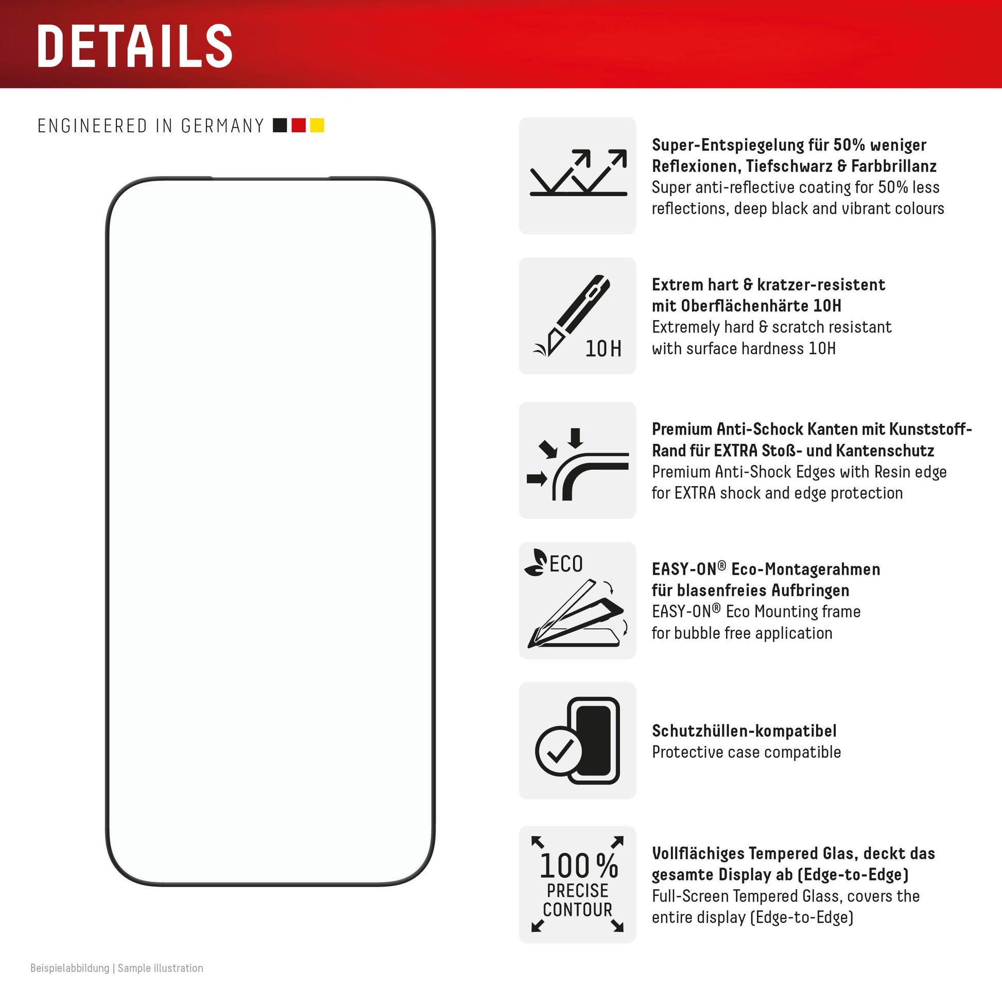 E.V.I. Displayschutz (Panzerglas), Full Cover – für iPhone 17 Pro Max – mit Applikator
