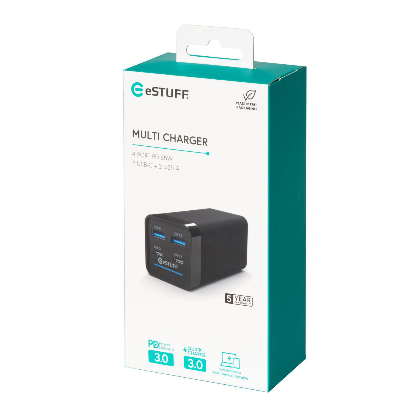 eSTUFF Ladegerät – 65 W, 2× USB-C + 2× USB-A, PD