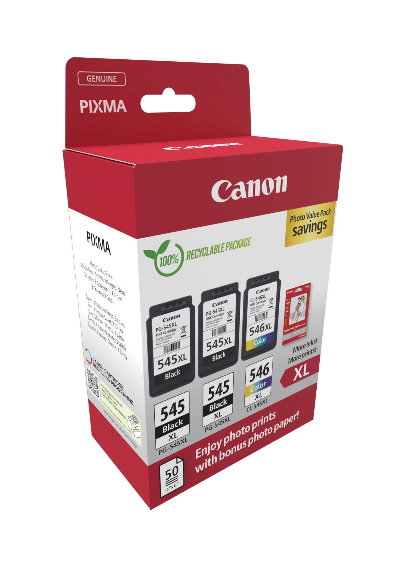 Canon Tintenpatronen-Multipack PGCL545/6, 2× Schwarz XL + 1× CMY XL, Original – für Pixma iP2850