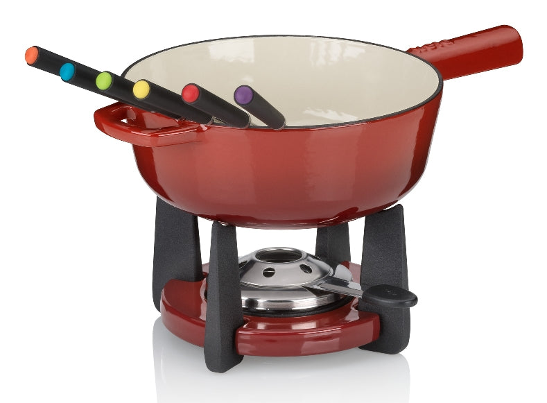 Kela Fondue-Set – Ø 20 cm, Gusseisen, für Käsefondue, Halogen, Rot, 6 Personen, 11 Teile