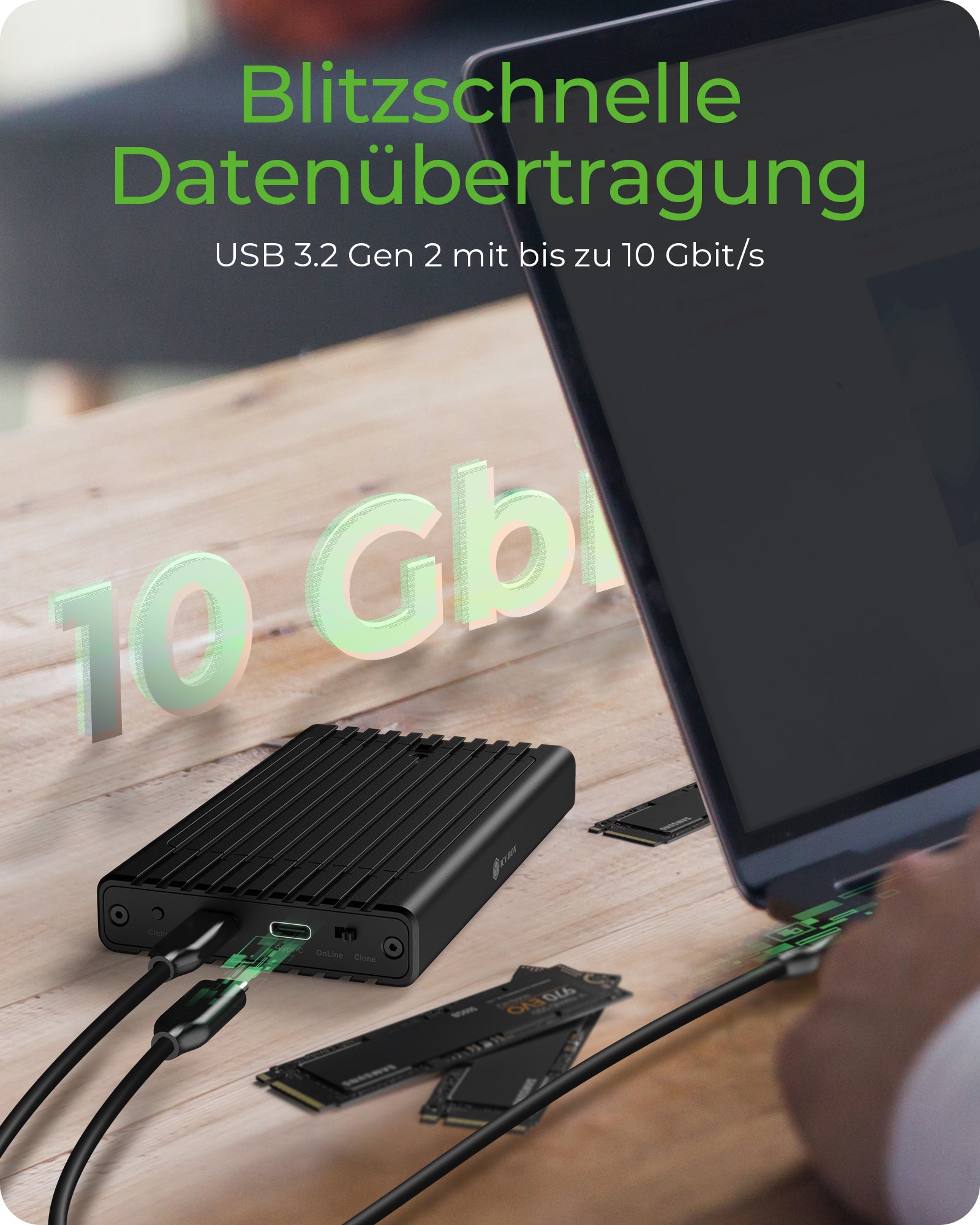 ICY BOX IB-2817MCL-C31 – 2-Bay SSD-Gehäuse – M.2 NVMe (30/42/60/80 mm), USB-C 3.2 Gen 2 (10 Gbit/s)