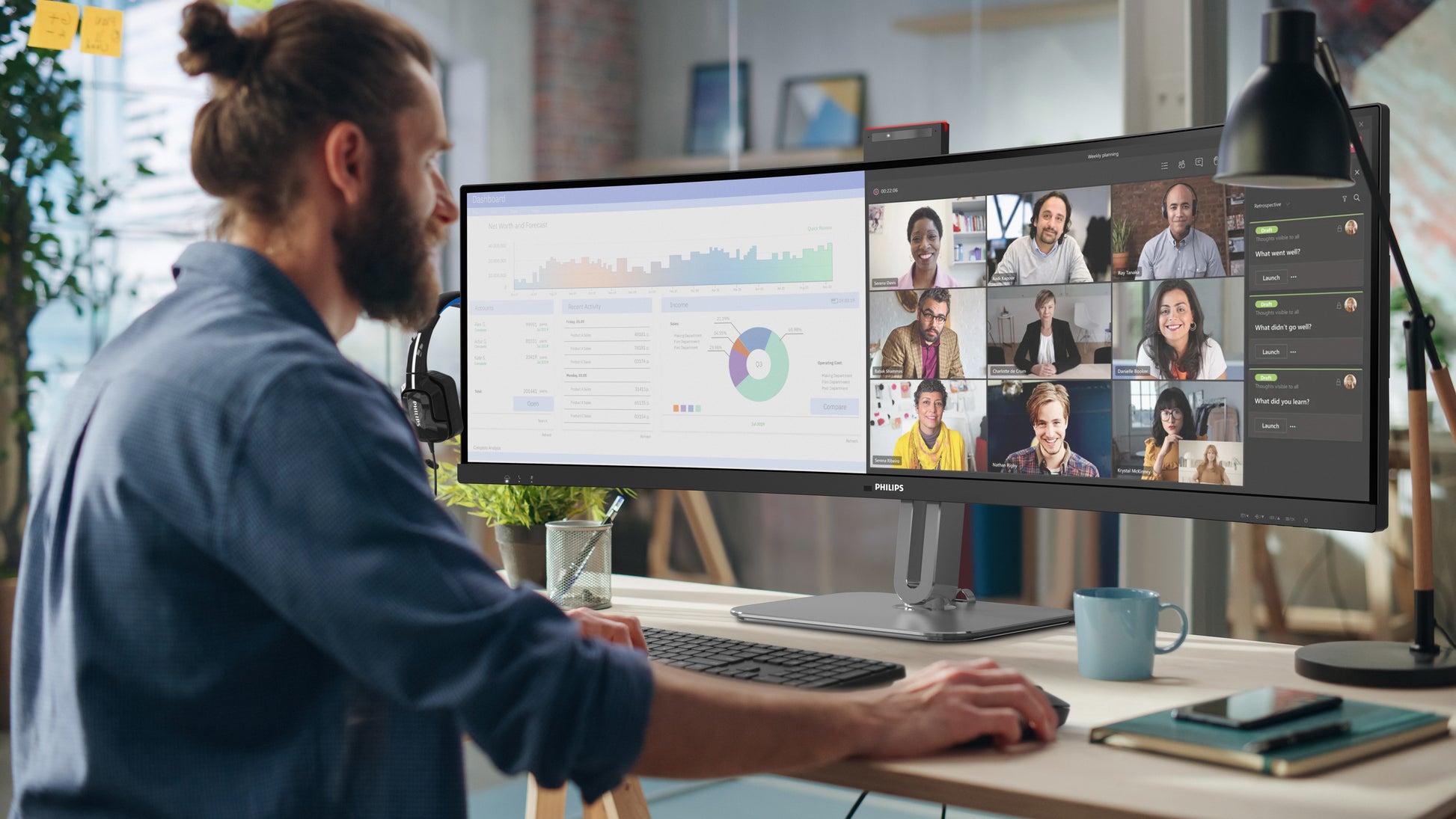 Philips 49B2U6900CH/00 – Monitor, 48,8", 450 cd/m², Webcam, KVM, 3× USB-C, Gebogen, VESA 100 × 100, Schwarz