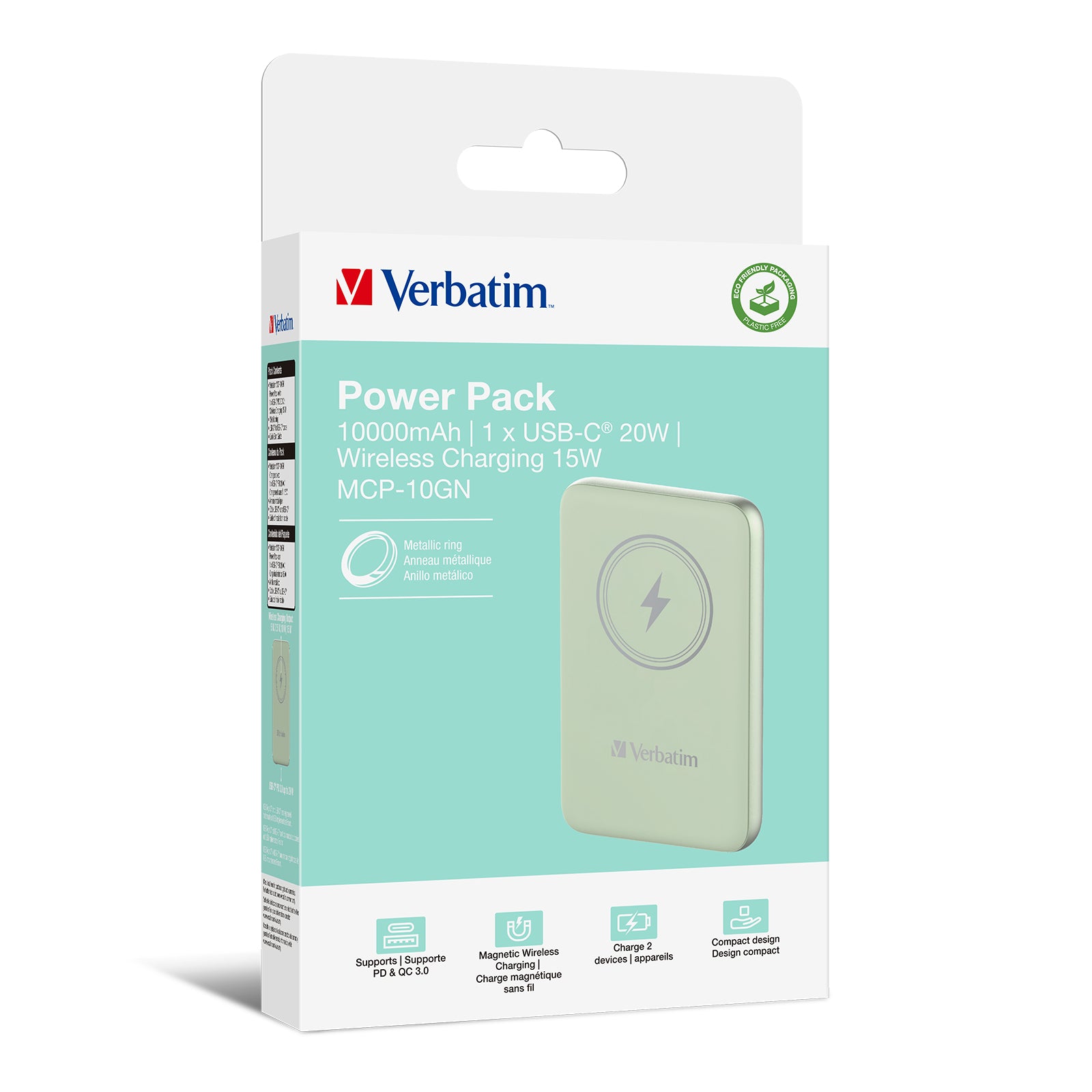 Verbatim Charge N Go Magnetische MagSafe Powerbank 10'000 mAh – 20 W PD, MagSafe 15 W, 1× USB-C, grün
