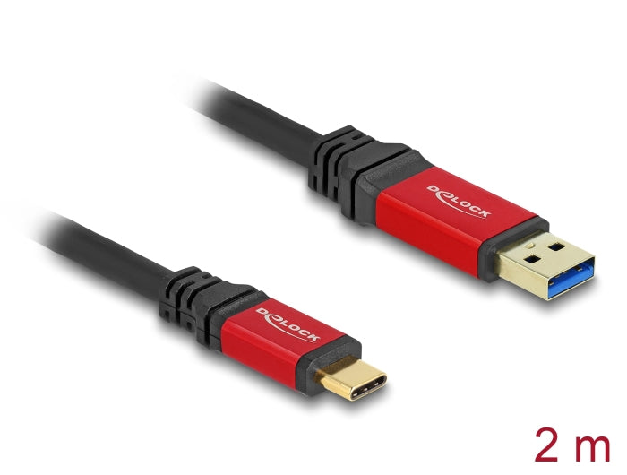 DeLOCK USB-A auf USB-C Kabel – USB 3.2 Gen 2 (10 Gbit/s) – 2 m – Metallverstärkt, Goldstecker – Schwarz/Rot