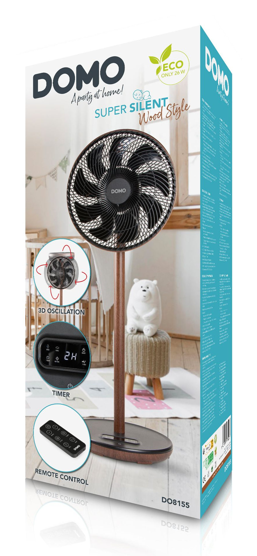 Domo Standventilator DO8155 – 9 Stufen, oszillierend, Timer, Fernbedienung, 26 W, 45 dB(A), Schwarz, Holz