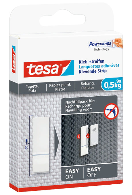 TESA Powerstrips Klebestreifen – weiss, doppelseitig, wiederablösbar, für Tapete und Putz, 9 Stück