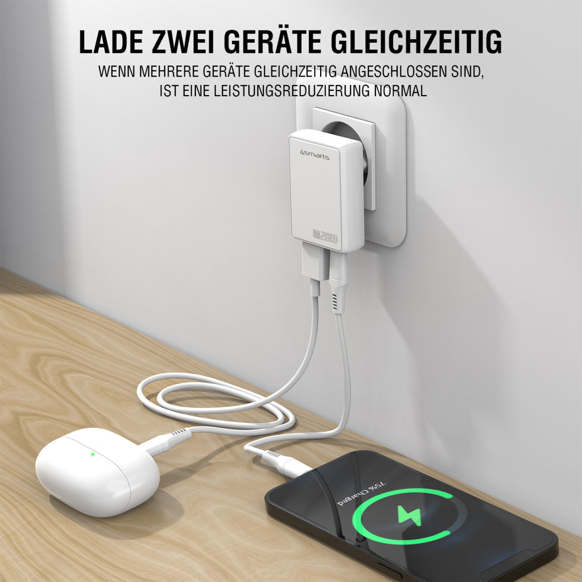 4smarts FlatPlug Duos USB-Ladegerät 20 W – USB-C×1, USB-A×1 – PD, QC 3.0, PPS, GaN – EU-Stecker (Typ C)
