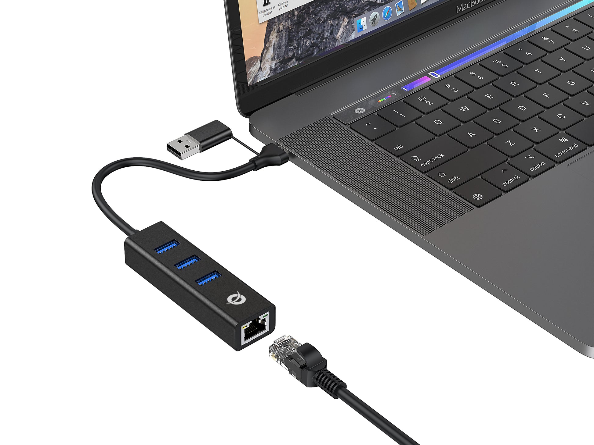 Conceptronic DONN07BA Multiport-Adapter – USB-A/USB-C, 3× USB-A, GbE, für Windows/Mac/Android